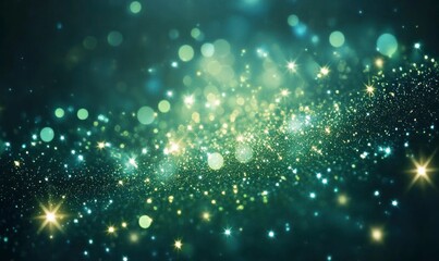 galaxy of stars in deep space, glowing with emerald green hues and shimmering silver specks. The background is a deep blue