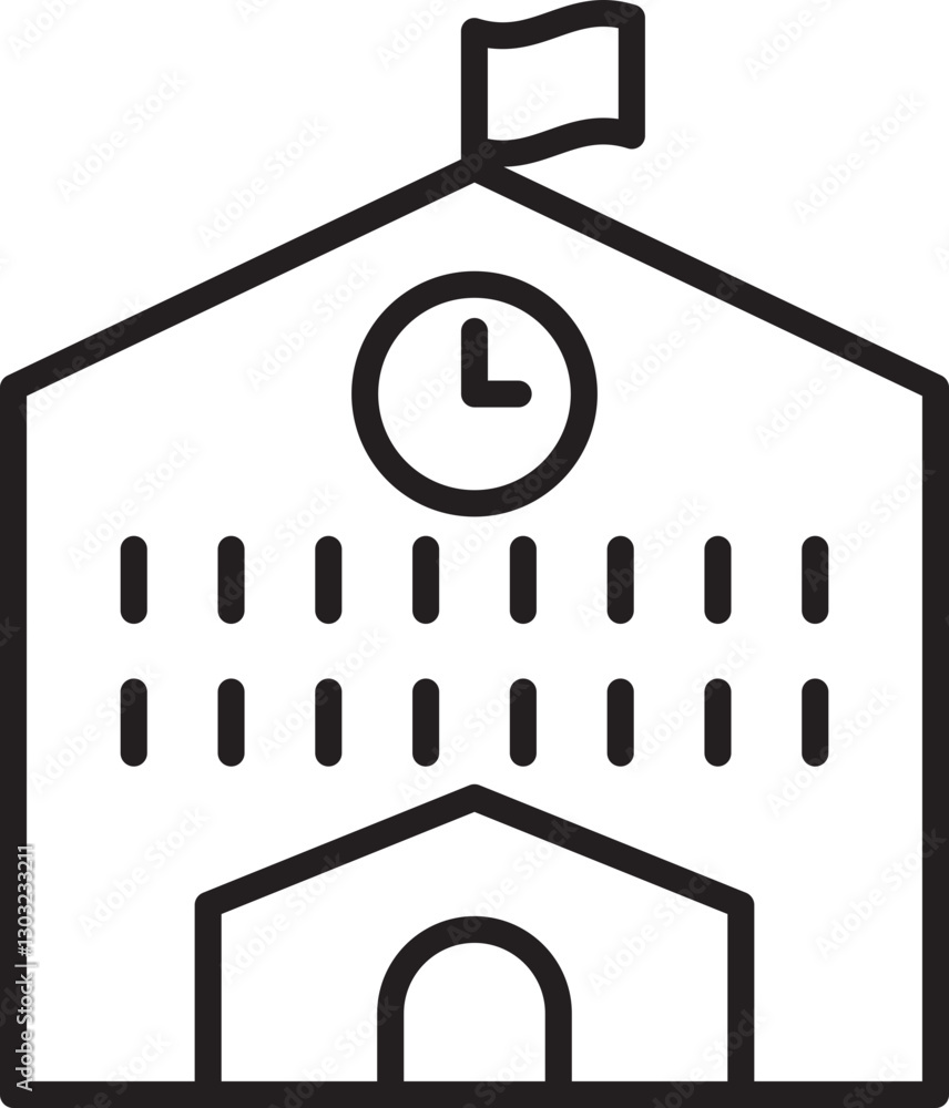 Poster school building outline with clock and flag line icon