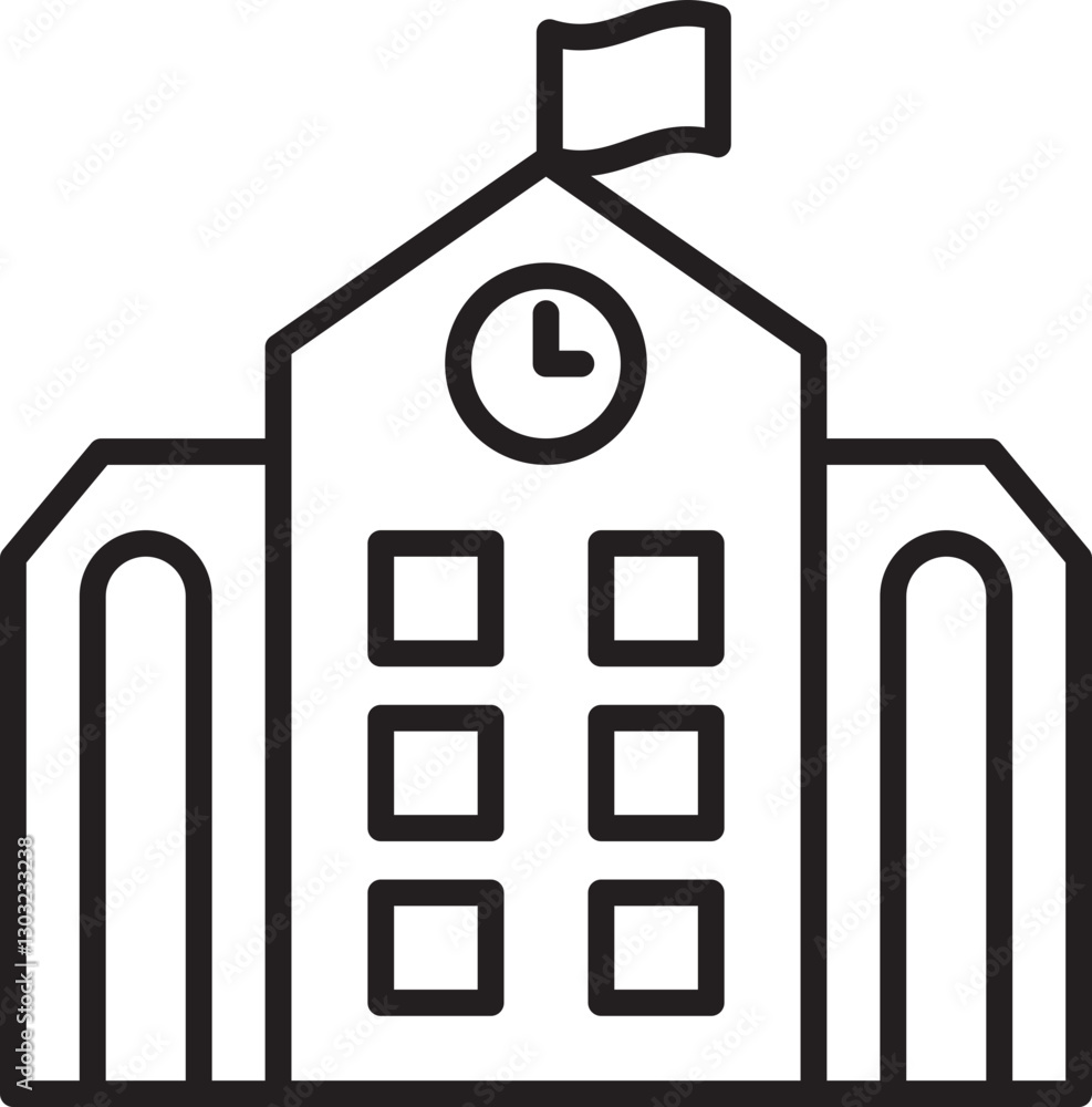 Poster school building icon with clock and flag line icon