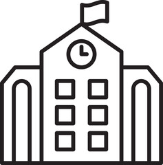 School building icon with clock and flag line icon