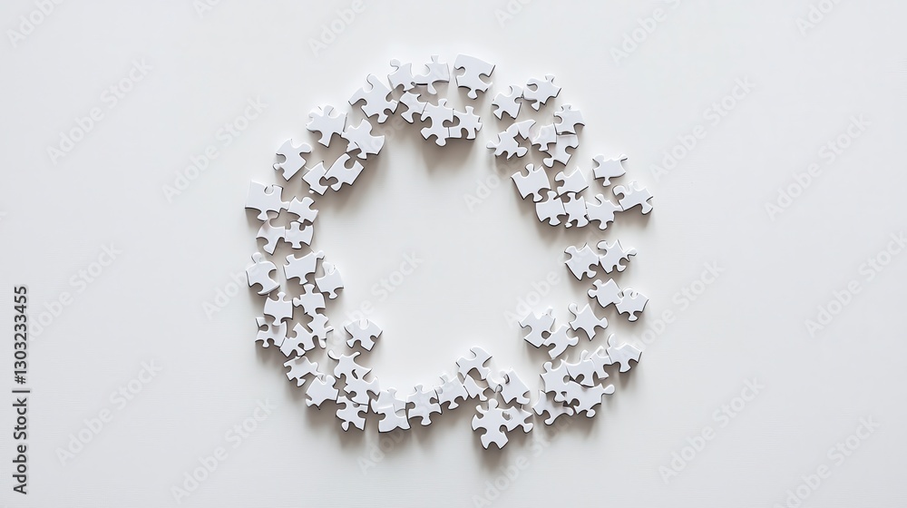 Poster minimalistic puzzle setup featuring white pieces arranged in a circular formation on a simple backgr