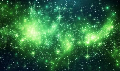 galaxy of stars in deep space, glowing with emerald green hues and shimmering silver specks. The background is a deep blue
