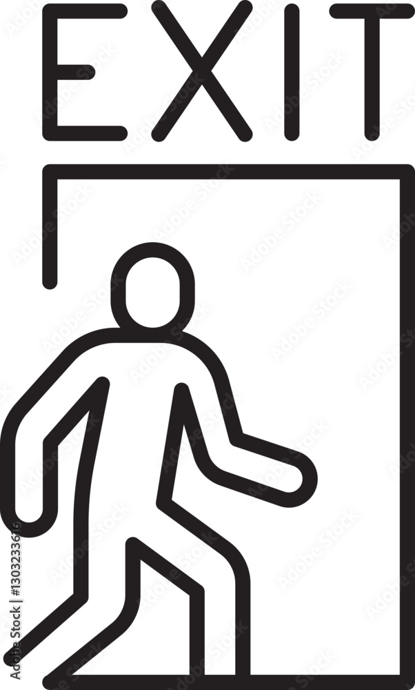Poster exit sign with symbolic figure walking out line icon