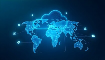 Una obra de arte digital que representa un concepto de computación en la nube con un mapa mundial. La paleta de colores es monocromática, dominada por tonos de azul