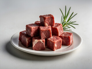 Raw premium grass-fed Australian beef cubes arranged neatly on a plate, set against a clean white background, perfect for a product display hero image. The beef appears fresh, vibrant