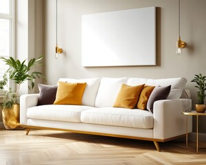 Modern Living Room with White Sofa, Elegant Decor, Green Plants, and Minimalist Design Elements in Bright Interior