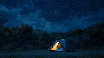 Serene night camping scene illuminated tent under starry sky dark forest nature wild calm view stars