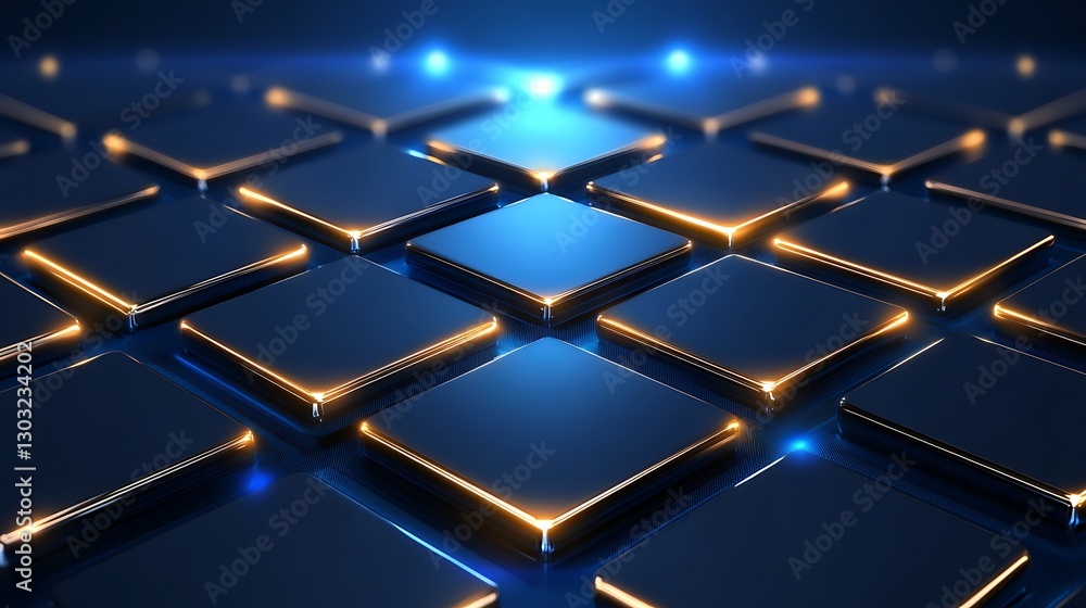 Aufkleber futuristic blue glowing squares with metallic edges arranged in a grid pattern on a dark background