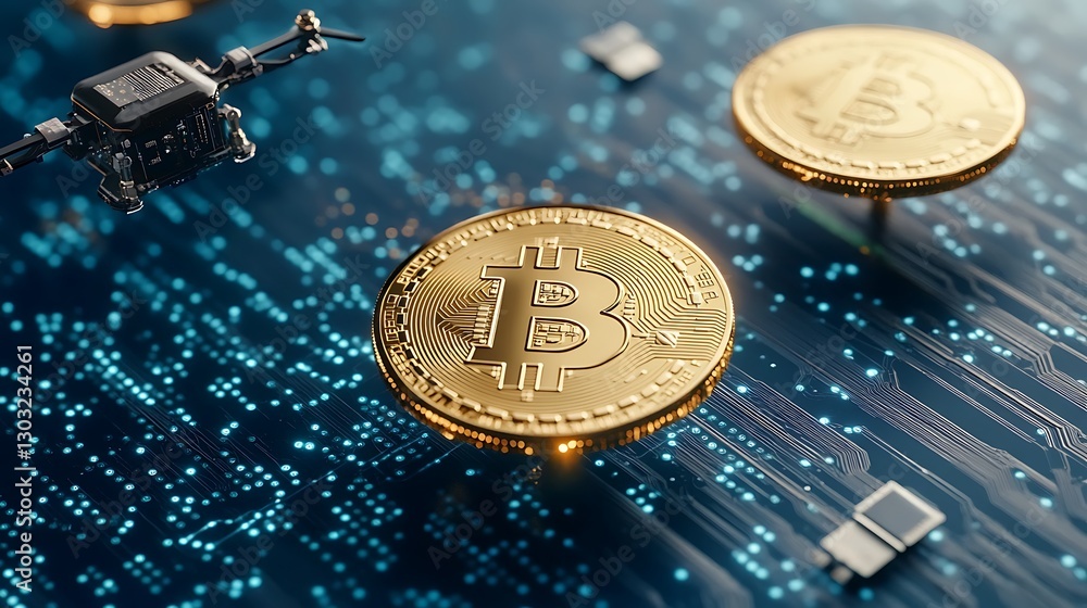 Poster future of finance: cryptocurrency blockchain with bitcoin coins and drone technology in digital spac
