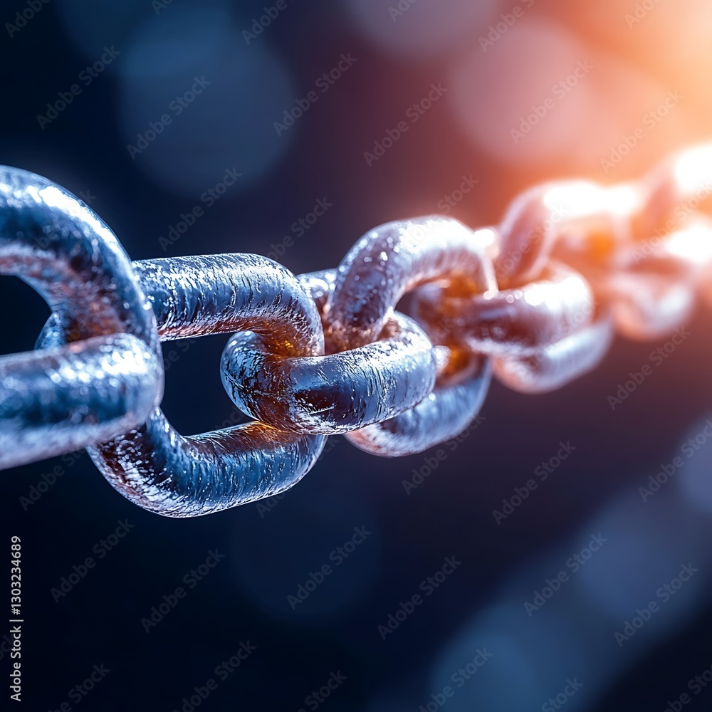 Poster close-up view of a metallic chain link with high detail and shiny surface in a dark background