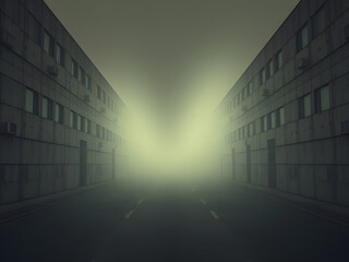 empty foggy street, liminal space, 3d render