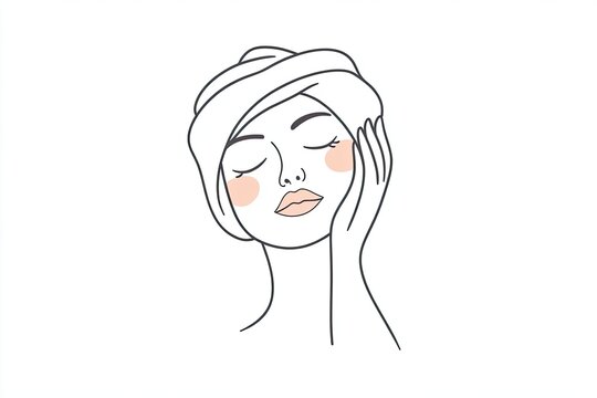 Line art drawing of a woman with a towel on her head washing her face. Simple line art, cute and dreamy, with soft colors on a white background.