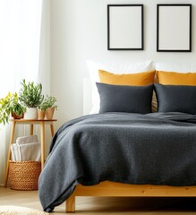 Cozy Bedroom with Stylish Bedding, Decorative Pillows, and Indoor Plants in Bright Natural Light Setting