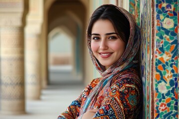 Fototapeta premium Joyful Young Persian Lady Embracing Life with a Bright Smile and Crossed Arms
