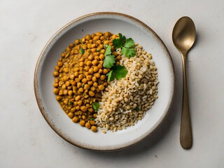Plate of dahl lentils + chickpeas + fresh coconut husk + coriander on white background