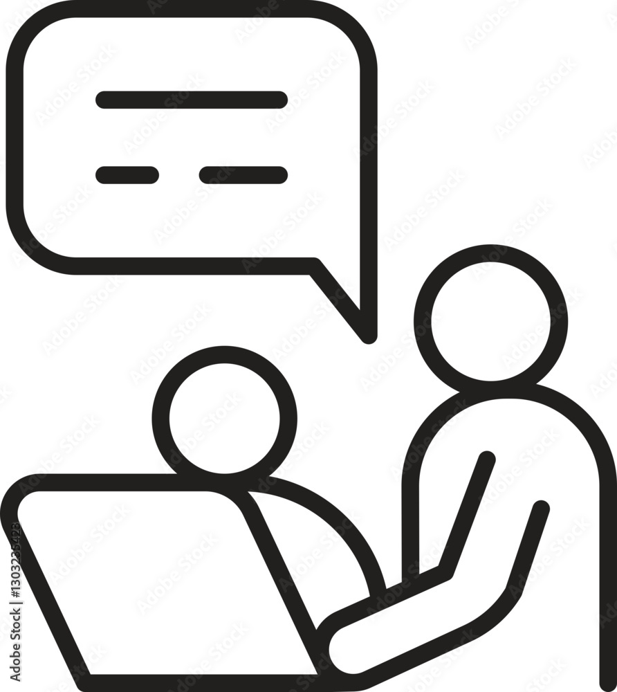 Poster collaborative discussion with laptop usage line icon