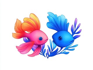 Colorful illustration of two fish swimming amidst aquatic plants, showcasing vibrant hues