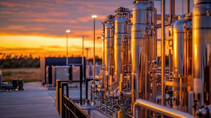 Fototapeta premium Rows of metallic vessels gleam under the sunset sky at an industrial facility in a rural setting. This location highlights advancements in energy production and processing
