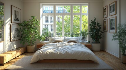 cozy bedroom interior with a large window and a view on paris in the morning