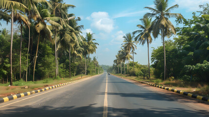 A wide highway in the state of Trichy, India, a four-lane modern road surrounded by scenic landscapes.