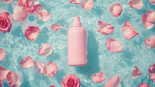 Aesthetic flat lay of a pink cosmetic bottle floating in blue water with foam and scattered rose petals, creating a luxurious and refreshing spa-like atmosphere. - Powered by Adobe