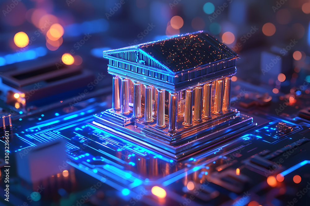 Poster digital blueprint of legacy: an evocative digital depiction of an ancient building, interwoven with 
