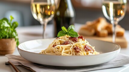 A creamy pasta dish with bacon sits on a white plate, garnished with fresh basil. Two glasses of white wine complement the inviting atmosphere of a cozy table setting