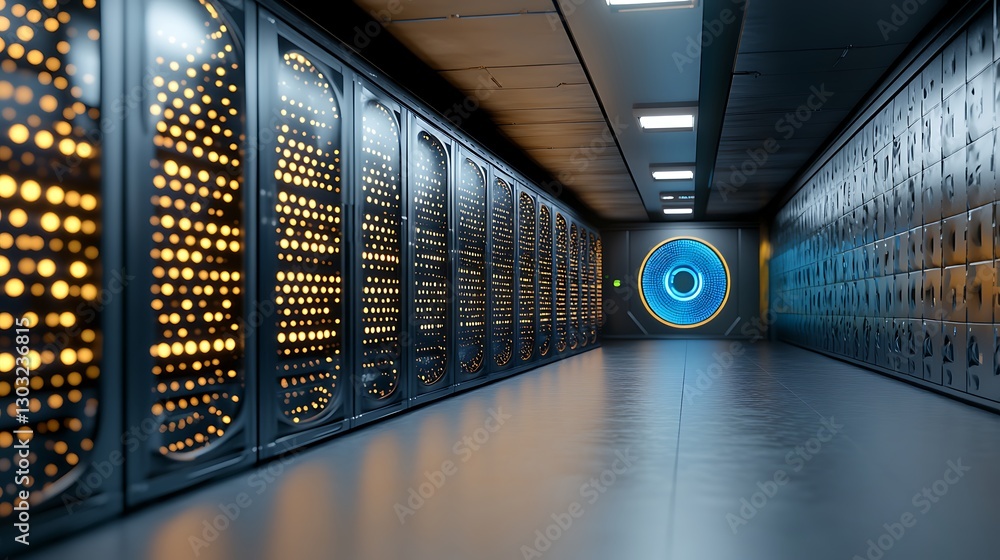 Poster futuristic server room with bright lights and circular design elements in data center environment
