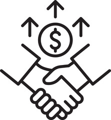 Handshake with growth symbols and dollar sign line icon