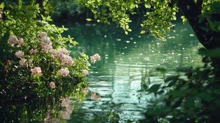 Bright flowers blossom near a calm lake surrounded by vibrant green foliage. Sunlight reflects on the tranquil water, creating a peaceful atmosphere perfect for relaxation