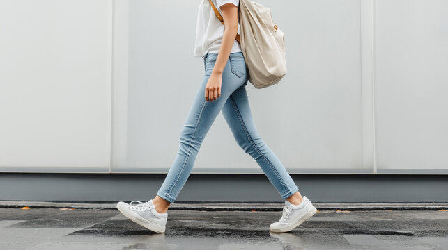 Casual young woman walks down the street 