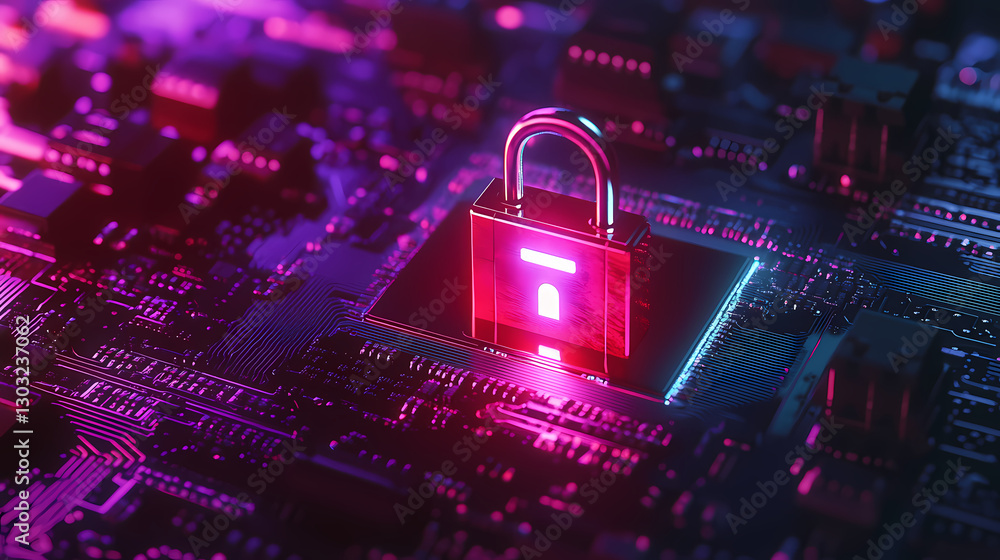 Poster cybersecurity sentinel: an illuminated padlock glows atop a complex circuit board, symbolizing robus