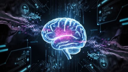 Artificial Intelligence, Human Brain Illustration, Matrix Background, Technology Wallpaper, Dark and blue purple brain 3d illustration, Futuristic Virtual AI