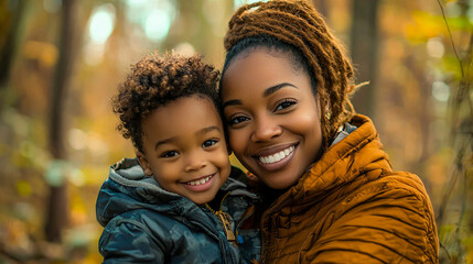 Happy african american mother and son smiling outdoors in autumn joy love fall park cute smile child