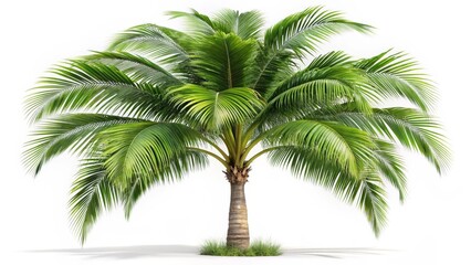 Obraz premium A tall coconut palm tree with a slender trunk and lush green fronds, isolated on a white background. The detailed bark and natural leaf variations make it ideal for commercial and branding purposes
