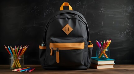 School backpack with colorful learning supplies. Back to school concept. generative.ai