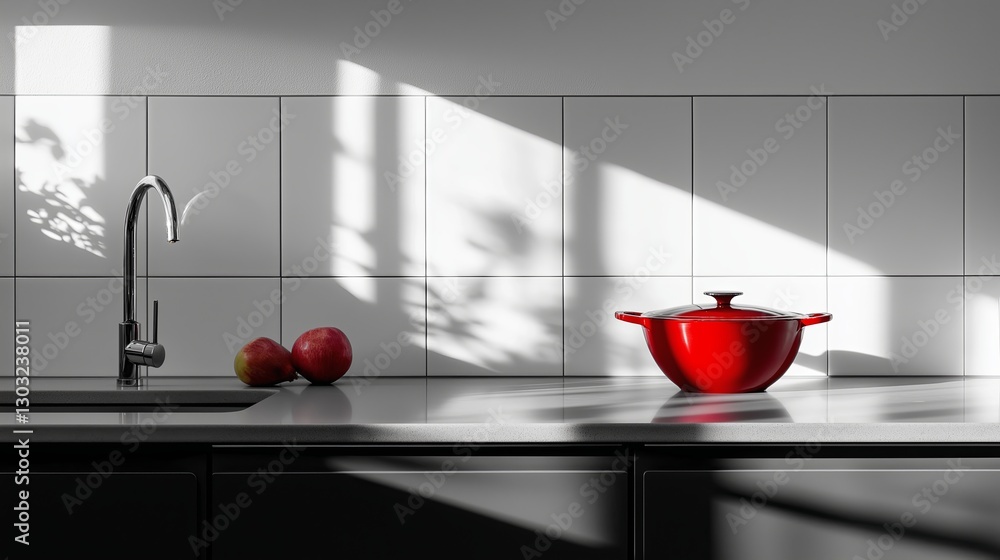 Poster a monochrome kitchen scene with only one bright red object in contrast