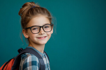 Schoolboy in glasses smiling looking at camera back to school concept