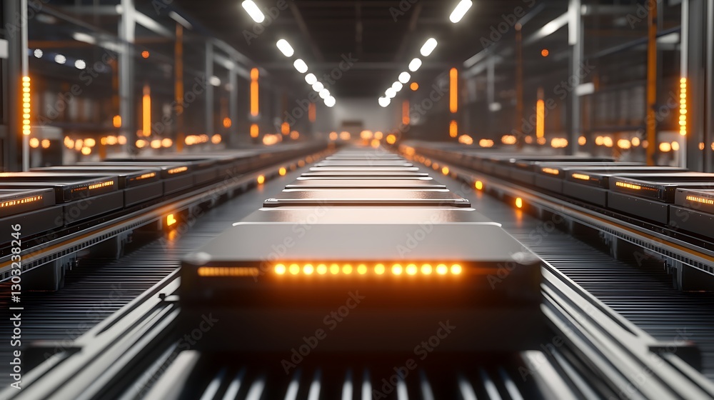 Poster futuristic automated warehouse with storage racks and conveyors in a high-tech environment