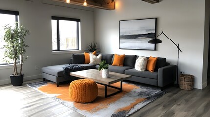 Warm and welcoming modern farmhouse inspired living room showcasing weathered wood beams a plush and colorful area rug and a mix of vintage and industrial inspired decor for a relaxed comfortable