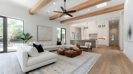 Warm and welcoming modern farmhouse inspired living room featuring distressed wood beams a plush neutral area rug