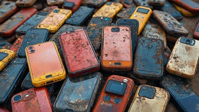 Discarded tech: A poignant image of a pile of obsolete mobile phones, showcasing their weathered, aged appearance and raising questions about the impact of technology on waste.