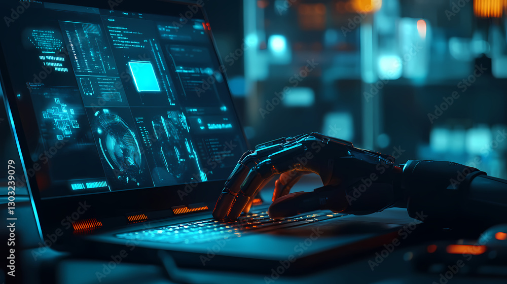 Poster cybernetic interface: a cybernetic hand interacts seamlessly with a laptop, displaying complex techn