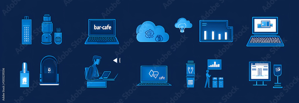 Fototapete digital icons: an array of digital icons in varying blue shades, representing various aspects of tec