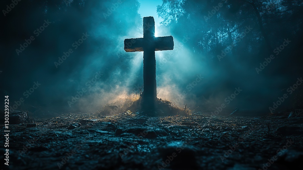 Poster cross in the dark with rays of light