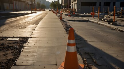 the freshly laid asphalt edge line on a road under construction, showcasing the texture and details of the surface and workers in the background. generative.ai