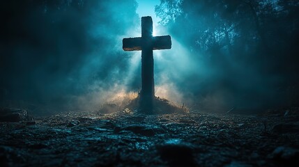 Fototapeta premium cross in the dark with rays of light