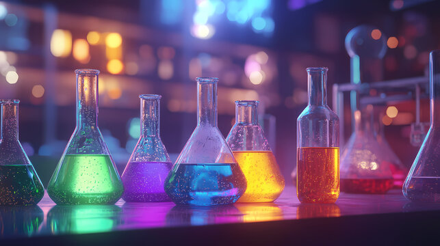Liquid Experiments: A vibrant display of lab flasks and beakers, filled with colorful, glowing liquids, symbolizing the dynamic world of scientific investigation.