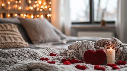 Soft textures and warm lighting create a romantic atmosphere in a cozy bedroom. Heart-shaped decorations and a candle set the mood for an intimate evening