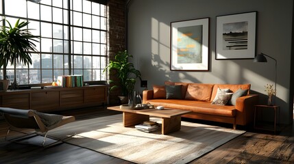 Warm and inviting farmhouse inspired living space featuring weathered wood accents a neutral toned area rug and a harmonious blend of industrial and vintage inspired design elements
